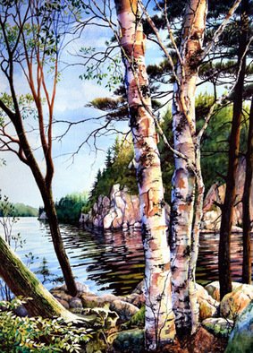 Hanne Lore Koehler: 'Muskoka Reflections', 2000 Watercolor, Landscape. Artist Description: Enormous coniferous and deciduous trees cling in every crevice to rocky cliffs that flank Six Mile Lake and hidden among the trees are various cabins, cottages and bunkies. It is a scenic lake contained in an embrace of docks with moored boats of every kind. Inevitably, every once ...