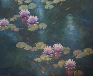 Korognai Janos: '    The life of my pond ', 2015 Oil Painting, Garden.                                                                            Catalog number : K15 330                                                                              ...