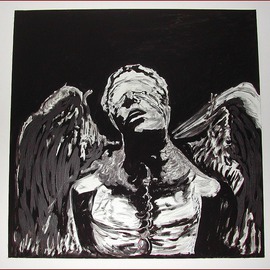 Cosmo Petrone: 'Chained Fallen Angel', 2012 Acrylic Painting, Fantasy. Artist Description:  This artwork is a white brush on a black matte, It represent a recurring dream of a Chained Angel. Injured, chained and blindfolded by humans hes unable to fly back home. ...