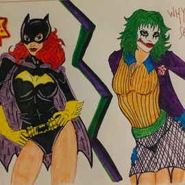 Kristin  Garrow: 'so serious', 2015 Marker Drawing, Comics. Artist Description: My rendition of batgirl and a female joker matted and framed...