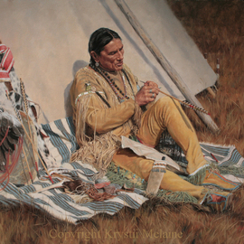 Krystii Melaine: 'Carving Lightning', 2007 Oil Painting, Western. Artist Description:  A Native American sitting outside his tipi, carving lightning bolts onto the shafts of his arrows, so that they will fly with the speed and power of lightning. ...
