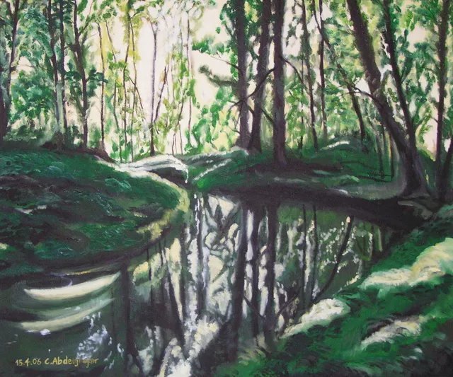 Claudia Luethi Alias Abdelghafar: 'forest play with sunlight', 2006 Other Painting, Landscape. Oilpainting on canvas from a forest playing with the sunlight. Look at the sun which is breaking through the trees and the image who is reflecting on the water. As a child I was a lot of times playing in the forest, sometimes with other children or alone but often ...