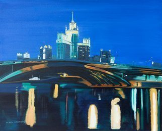 Claudia Luethi Alias Abdelghafar: 'moscow by night', 2006 Oil Painting, Architecture. Oilpainting on canvas from Moscow by night. Just a look from another side of Moscow. I love the lights on the river but also the little dark places and I am wondering what was happened there  My vather was an architect, I think this is why I am also fascinated ...