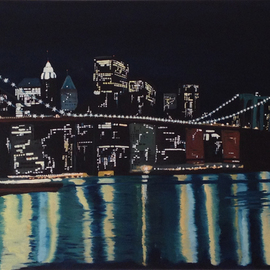 Claudia Luethi Alias Abdelghafar: 'new yorks brooklyn bridge', 2014 Oil Painting, Architecture. Artist Description: Oilpainting on canvas from the New Yorks Brooklin Bridge by night. While painting the lights in  the different windows of the buildings I was thinking about all the thinks that happens there in this moment, there is joy, anger, sadness, arguments, discussions, chats, love and a lot more. ...