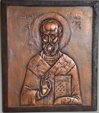 Charalambos  Lambrou: 'Saint Nicholas ', 2004 Other Sculpture, Religious.  A Vintage handmade artwork of copper presented Saint Nicholas. Technique Repousse in copper sheet. Dimensions 38* 44 centimeters included wood frame. Saint Nicholas was a historic 4th- century Christian saint and Greek, Bishop of Myra, in Asia Minor ( modern- day Demre, Turkey) . He dedicated his life to serving God and...