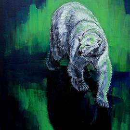 Christine Montague: 'in the northern lights', 2021 Oil Painting, Animals. Artist Description: A polar bear s solitary journey is spotlit - as if flash frozen- in the stunning green light of the aurora borealis.  The conditions are perfect for our polar bear , the sea is frozen, so necessary for its success to travel, mate and hunt.I use a powerful green ...