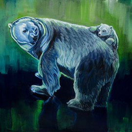 Christine Montague: 'northern lights knapsack', 2021 Oil Painting, Animals. Artist Description: Polar bear cubs stay with their mothers for over two years. She feeds her cub, teaches it how to survive, and fiercely protects it from other bears. She must also be patient, for this highly intelligent bear cub loves to play and climb, and just like with its ...
