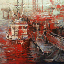 Larry Kaiser: 'Invalid Boat At Invalid Dock', 2005 Oil Painting, Marine. Artist Description:  A boat comes in for repair at a huge dock itself being repaired.  North of Boston. ...