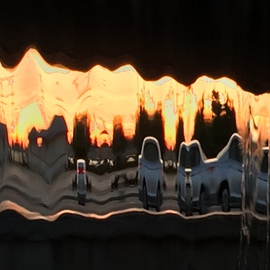 Luise Andersen: '2016 Sunset In Fountains Series Feb 22', 2016 Color Photograph, Abstract. Artist Description:   UNALTERED series aEUR|images captured at sunset time. . through sheaths of falling waters. . evening trafficaEUR|see car lights, traffic lights, colors of vehicles, houses, grasses, trees, and of course waters. . their brilliant facets and abstractness. . bizarre surreal world. . in glowing sunset. .love the experience. . addicted to hues. . forms. . figures. . ...