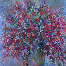 Luise Andersen: 'BOUQUET MIGNON Pic Taken Inside Residence', 2008 Oil Painting, Floral. Artist Description:   . . . is the composition. . and the sprigs of various flowers. . fresh picked from special place in mind/ heart. .  colors are applied in multiple layers- mixed, or out of tube. . various brushes and twists - flat shapes and others. . leaves tucked in between. . can see, I love to arrange bouquets in ...
