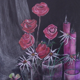 Luise Andersen: 'DRAWING IN PROGRESS Nov Five ', 2007 Other Drawing, Still Life. Artist Description:  Did retake of pic. . camera either catches the reds in the roses with excessive pink ( not pink at all. . look like velvet red. . will be towards crimson hues later. . will see) - - or shows the gauze curtains white into touch of red, which it does not have. . or the ...
