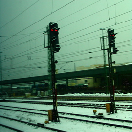 Luise Andersen: 'German Travels   PASSAU  Train Related Images  ', 2007 Other Photography, Other. Artist Description:   Always like to see these lights. . and wait for them to change. .  Like robots. . kind of in shape. .  to me. . Here with snow. . specially....