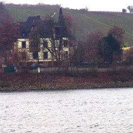 Luise Andersen: 'Germany  RHEIN River Sights  ', 2007 Other Photography, Other. Artist Description: I enjoy spotting these houses. .  with different shaped roofs. .  architecture. .  colors. .  this one' nestled' behind winter dormant shrubs, trees. .bushes. . differrent hues. .  like the grreys, browns/reds and whites. . .  ...