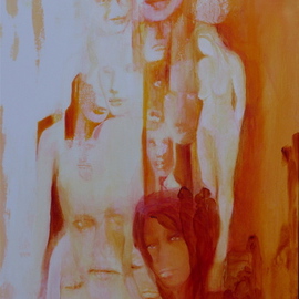 Luise Andersen: 'ORANGE AND YELLOW HUES PURSUE OF OTHER IN PROGRESS January Second twothousandandeight', 2008 Acrylic Painting, Other. Artist Description:  NEED NOT DESCRIBE FOR THOSE WHO KNOW MY MIGNON VISAGES- THEIR EXPRESSIONS. . BODY LANGUAGE. . FORMS. . JUST BEGINNING WITH THIS ART PIECE- IT IS LEADING ME ON. . AND ON. . AND ALL IN ORANGE AND YELLOW HUES. . OR WITH TOUCH OF REDS. . WHITES. . REMINDS ME OF WITHIN SELF. . ECHOES OF. . ...