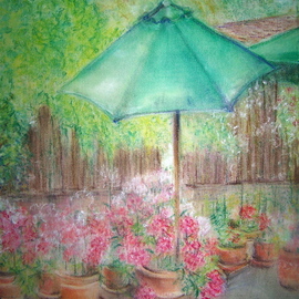 Luise Andersen: 'PAULINES GARDEN', 2006 Pastel, Other. Artist Description: . .  her garden is like sanctuary. . this is part of it. . drew viewing from inside the beautiful home of my friends. .while Goldie, their dog, was by my side. . This drawing was stronger hued once. .  I will go over it again. . . was dusted off - I did not know, until ...