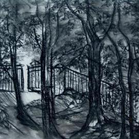 Luise Andersen: 'RETURN', 2006 Charcoal Drawing, Other. Artist Description: . . Went back to same location. . .   love the atmosphere. inspires to draw. . . trees. . . grass. flowers. . birds. . . squirrels. . bugs. . light/ shade. .  warm/ cool. .. Intended to work' Gatepath.' . .  decided to leave it alone for a while and started a diffferent one. .  this. . one. .  You become aware, I allow my mood to' ...