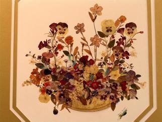 Luise Andersen: 'Spring Bouquet', 2002 Collage, Botanical. ' Spring Bouquet' . . .  What a pleasure. . I have always this inner smile, when creating with Pansies. . .  Violets. . .  Crown of Thorns blossoms. . .  Buttercups. . . . feathers. . .  Gold leaf again, yes. . !  and these branches. . .  Bark of trees. . .And' Pauline' . . . . she cut these wonderful mats for all my pieces. . . and such fitting choice of mat colors...