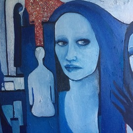 Luise Andersen: 'back to blue stage 12 detail 2', 2019 Oil Painting, Fantasy. Artist Description: size mentioned is for the total painting . is on canvas board. top face from hairline to chin 8 inches, bottom face 9 inches .  here you see lower image already without white form of mask area. do not intend to replace that one. ...