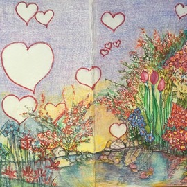 Luise Andersen: 'thank you valentine card 2', 2018 Other Drawing, Fantasy. Artist Description: Evening, February 13,2018- . . i expressed everything i wanted. . done now: a$?i, this is opened card so front and back of visible. measurement stated, for opened card  image.used polychromo color pencils. . fir accents, watercolor pencils , and some black pen. ...