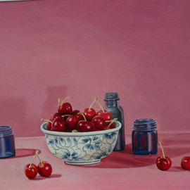 Laura Shechter: 'Bowl of Cherries', 2002 Oil Painting, Still Life. Artist Description:  cherries, bowl red, oil on paper blue glass objects     ...