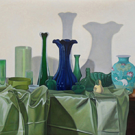 Laura Shechter: 'Composition in Green', 2010 Oil Painting, Still Life. Artist Description:  green stilll life objects, green cloth ...