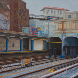 Laura Shechter: 'New Utrech Station', 2012 Oil Painting, Cityscape. Artist Description:    grafitty subway station, patterns, Brooklyn  ...