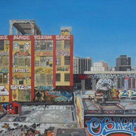 Laura Shechter: 'View from the No 7 train', 2011 Oil Painting, Cityscape. Artist Description:   grafitty Long Island City, colorful 5 Points ...