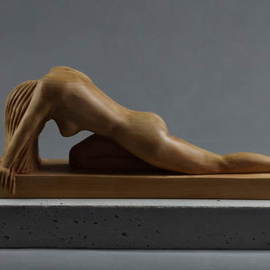 Lee Forester: 'head down', 2020 Wood Sculpture, Nudes. Artist Description: Based on a live model in my studio, I carved this timeless pose from a single block of English Lime- Wood. I find that the natural beauty of wood complements the soft curves of the feminine figure perfectly and the smooth finish invites the viewer to caress the ...