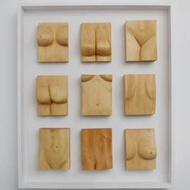 Lee Forester: 'nicole in pieces', 2019 Wood Sculpture, Nudes. Artist Description: Based on a live model in my studio, I carved this wall- hung sculpture from nine blocks of English Lime- Wood and mounted them in a painted plywood frame. The nine individual carvings are not permanently fixed to the frame so the arrangement of the pieces can be ...