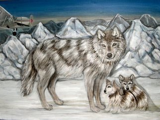 Rita Levinsohn: 'Aerial Killing', 2008 Acrylic Painting, Ecological.  A family of wolves threatened by Aerial Hunters while grazing on preserved land in Alaska. ...