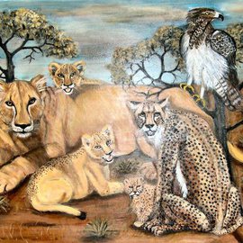 Rita Levinsohn: 'Last Look', 2008 Acrylic Painting, Activism. Artist Description:  Lion, Cheetah, Martial Eagle, all endangered species. ...