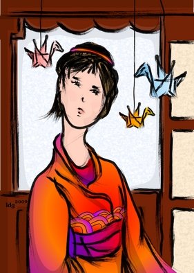 L Gonzalez: 'Paper Cranes in Flight', 2009 Illustration, Ethnic.  A young woman contemplates her wish upon 1000 paper cranes. ...