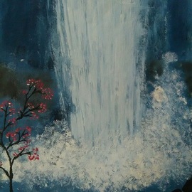 Lekshmy Sathi: 'waterfalls', 2020 Oil Painting, Nature. Artist Description: Let the water fall down and cool down the earth a bit coz she needs it to surpass all the harm done by the humans. . . ...
