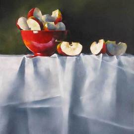 Daniele Lemieux: 'Apple Wedges', 2007 Oil Painting, Still Life. Artist Description: Unusually beautiful painting of apple pieces and a red jug on a fine tablecloth  is attractively framed in a 2- inch black wood floating frame, which will look great in any setting. ...