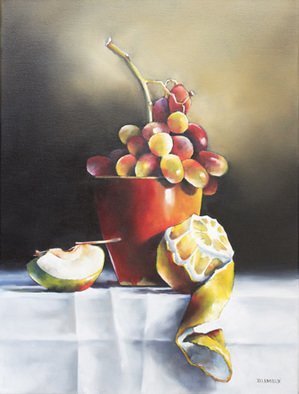 Daniele Lemieux: 'Fruit Cup', 2012 Oil Painting, Still Life. This stunning work dominated by grapes in a red bowl is attractively framed in a 2- inch black wood floating frame, which will look great in any setting. ...