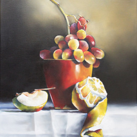Daniele Lemieux: 'Fruit Cup', 2012 Oil Painting, Still Life. Artist Description: This stunning work dominated by grapes in a red bowl is attractively framed in a 2- inch black wood floating frame, which will look great in any setting. ...