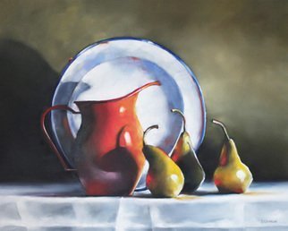 Daniele Lemieux: 'Still Life with Ladybug', 2014 Oil Painting, Still Life. This stunning still life with a red jug, pears and an enamelware plate  is attractively framed in a 2- inch black wood floating frame, which will look great in any setting. ...