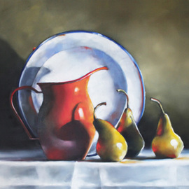 Daniele Lemieux: 'Still Life with Ladybug', 2014 Oil Painting, Still Life. Artist Description: This stunning still life with a red jug, pears and an enamelware plate  is attractively framed in a 2- inch black wood floating frame, which will look great in any setting. ...