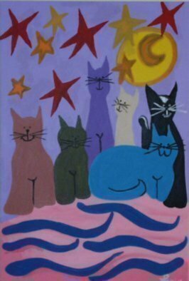 Leo Evans: 'MELLOW FELLOWS', 1998 Acrylic Painting, Cats.  