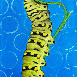 Leslie Abraham: 'swallowtail caterpillar', 2023 Oil Painting, Nature. Artist Description: detailed palette knife painting of a swallowtail caterpillar. background is acrylic and caterpillar is oil paint...