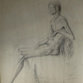 Andreas Loeschner Gornau Artwork Study Male Nude sitting, 1982 Graphite Drawing, Nudes
