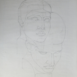 Andreas Loeschner Gornau Artwork Study plaster heads, 1983 Graphite Drawing, Naturalism