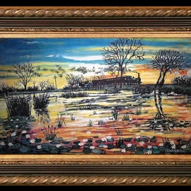 Vranceanu Aurelian: 'sunset on the pond', 2019 Oil Painting, Landscape. Artist Description: Sunset on the pond- oil on canvas- landscape - impressionism romantic- 70x40cmm- created in 2019- for info  - tel +40764800326 or +40724633073 , mail radu_ aurel2004yahoo.  comfacebook Radu Aurelian Exhibition...