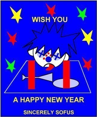 Asbjorn Lonvig: 'happy new year sofus', 2002 Comic, Abstract. Happy New Year.To everybody.Sincerely Asbjorn Lonvig, New Year 2002/ 2003...