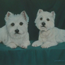 Lorrie Williamson: 'The Westies', 2005 Oil Painting, Animals. Artist Description:  The Westies painted in oils on canvas for a formal look.  Commissions from your photographs - - for one like this from excellent noncopyrighted photos $400 to $600.  Order now for the holidays. ...