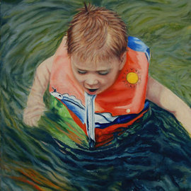 Laurie Pagels: 'Initial Shock', 2007 Oil Painting, Children. Artist Description: This painting will be in the, The Richeson 75: Figure/ Portrait Competition Exhibit Book. The Exhibit book is a hardcover, full color, limited edition book, approx. 8x10 in size that maybe purchased through Jack Richeson & Co. Child, swimming, lake, summer, life jacket, water, orange, blue, yellow, white  ...
