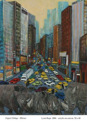 Lynn Rupe: 'EXPECT DELAYS   RHINOS', 2004 Acrylic Painting, Animals.  Please see my website: LynnRupe. com for a statement on this painting ...