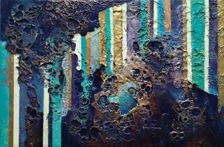Lynda Stevens: 'kinetic city', 2015 Mixed Media, Abstract Figurative. This is a cityscape, where the rigidity of the columns is contrasted with the textural chaos of the candle wax.  In some cases the impression of the volumn fades - perhaps merely reflected in a dazzle of light. ...