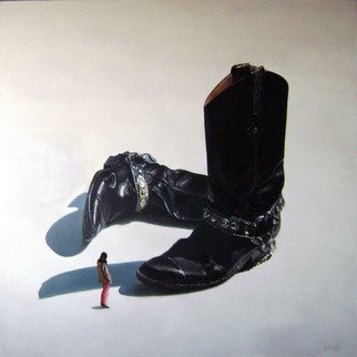 Camilo Lucarini: 'Boots with woman', 2008 Oil Painting, Abstract Figurative.   A pair of oversized used black boots with silver chains and a woman looking at them. ...