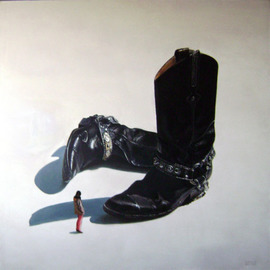Camilo Lucarini: 'Boots with woman', 2008 Oil Painting, Abstract Figurative. Artist Description:   A pair of oversized used black boots with silver chains and a woman looking at them. ...